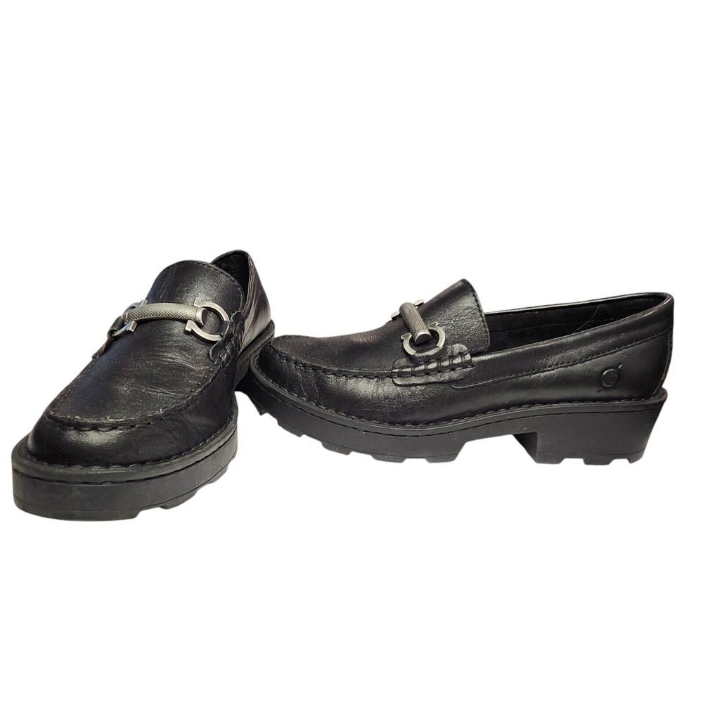 BORN Women's Horsebit‎ Y2K Chunky Goth/Punk Lug Sole Black Leather Loafer Sz 6.5